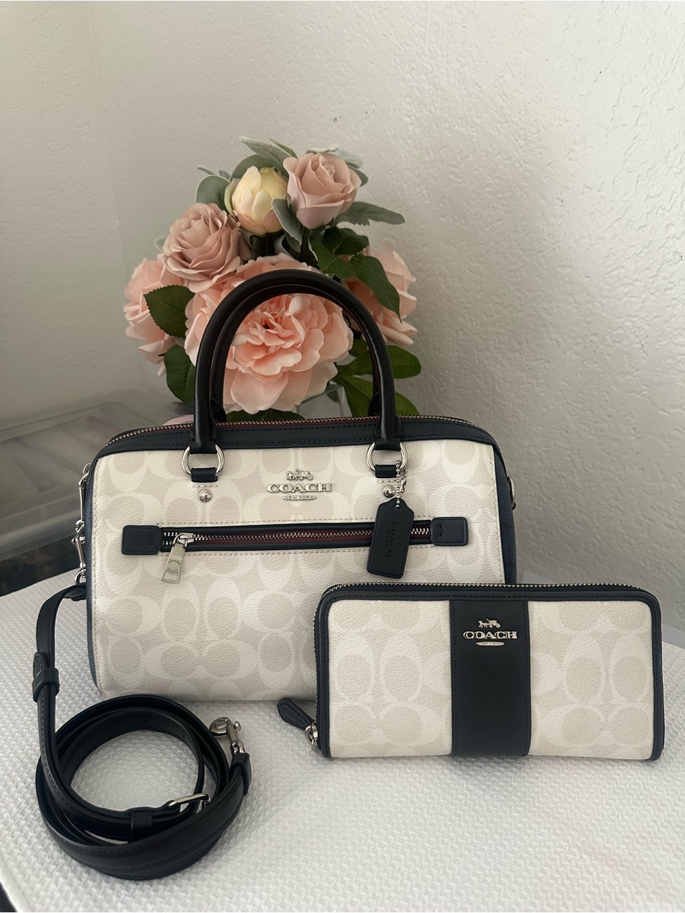 Coach White Signature Rowan  Satchel with Wallet - White/Black